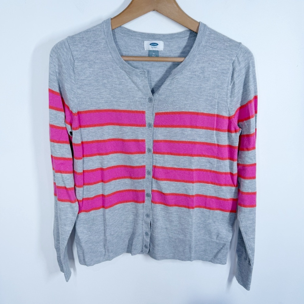 Old Navy Gray Cardigan Sweater Medium Pink Orange Stripes